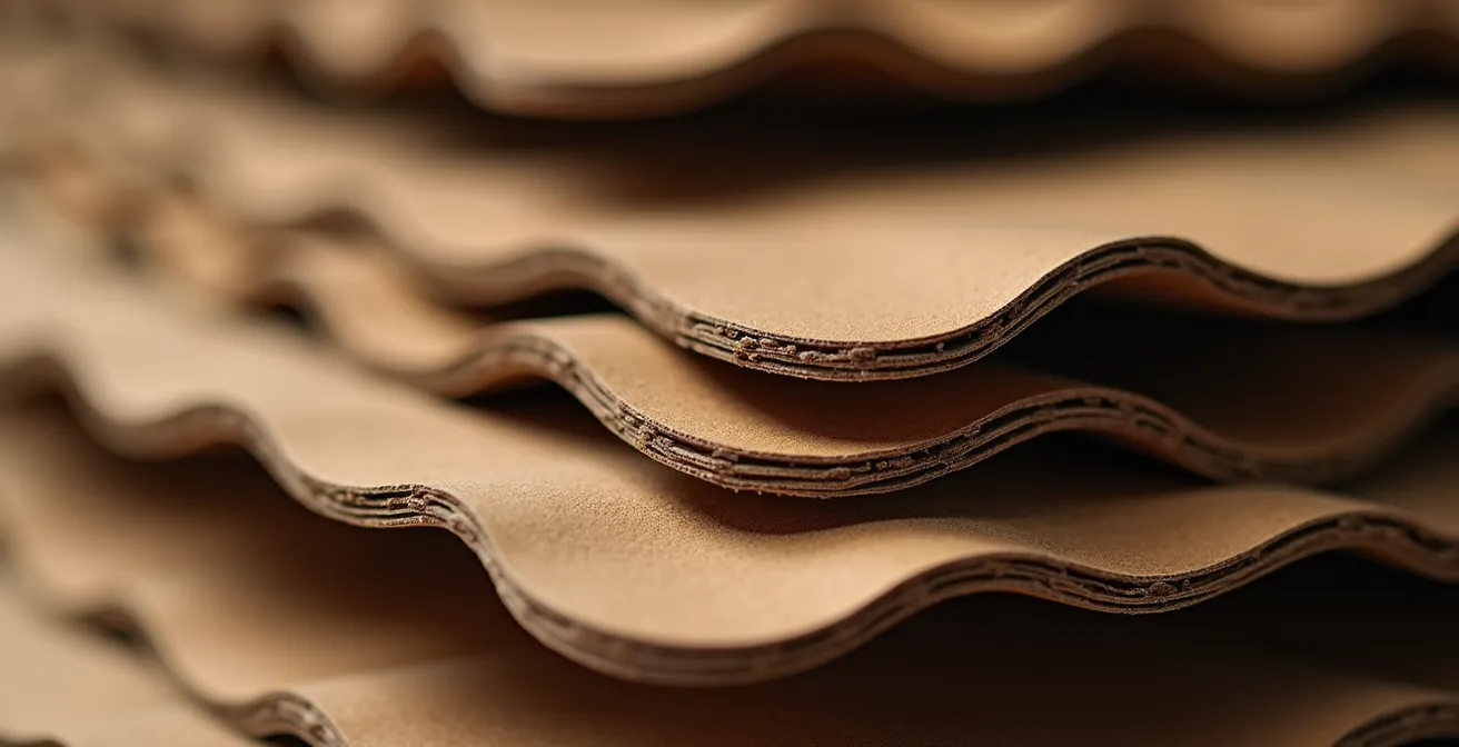 Vue macro détaillée de structures en carton ondulé empilées montrant les cannelures et textures, éclairage dramatique révélant les propriétés mécaniques