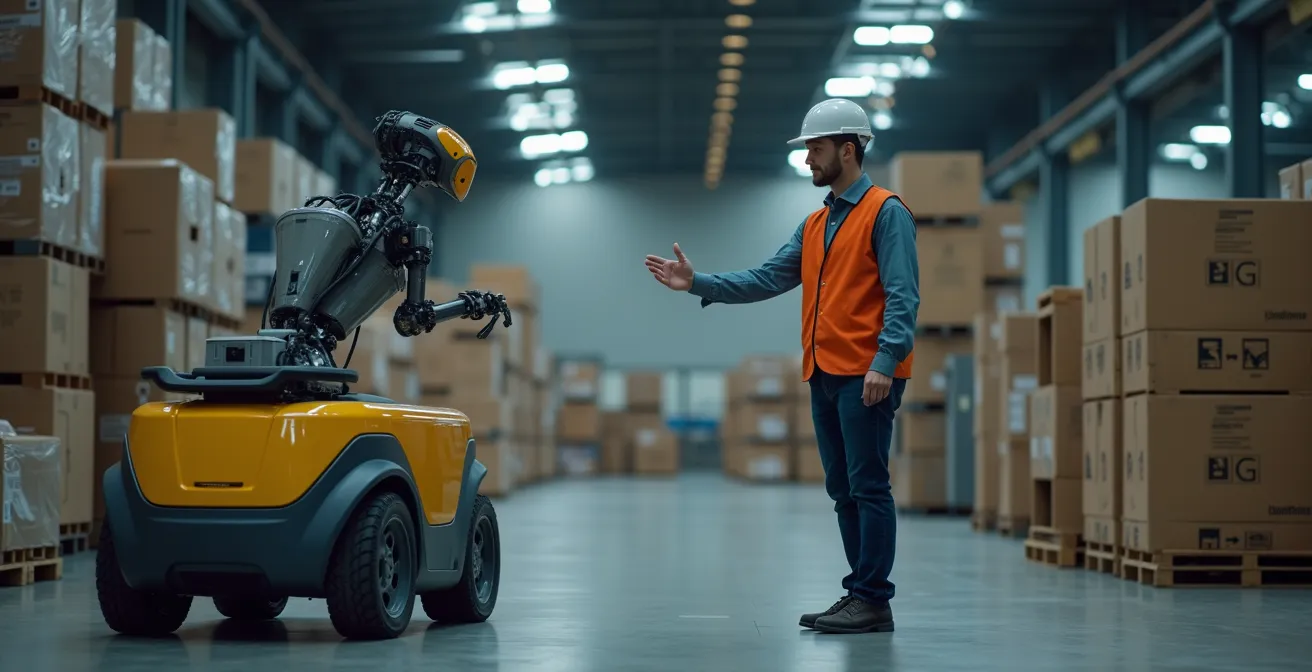 Robot mobile autonome transportant une palette dans un environnement industriel moderne