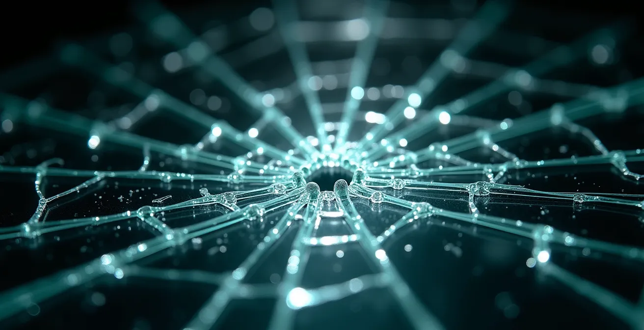 Gros plan macro sur une surface de verre brisé créant des motifs fractals complexes avec jeu de lumière prismatique