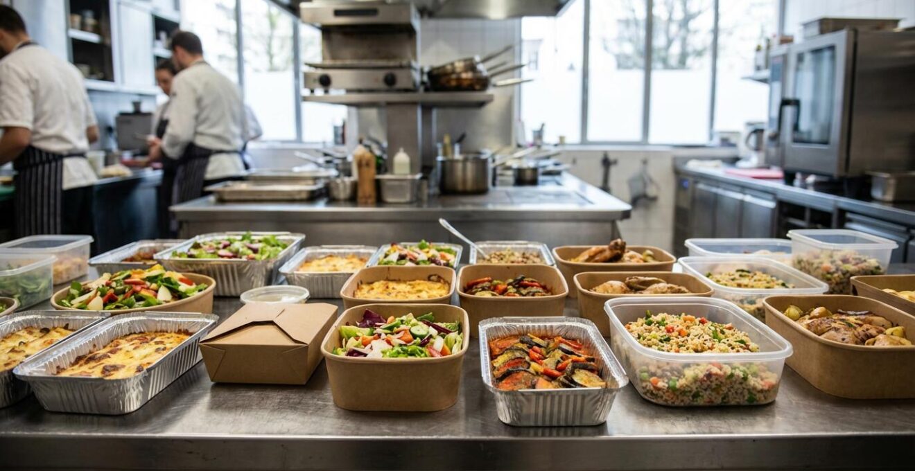 Barquettes alimentaires aluminium kraft plastique avec plats préparés sur comptoir inox cuisine professionnelle