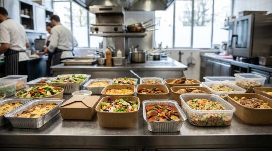 Barquettes alimentaires aluminium kraft plastique avec plats préparés sur comptoir inox cuisine professionnelle