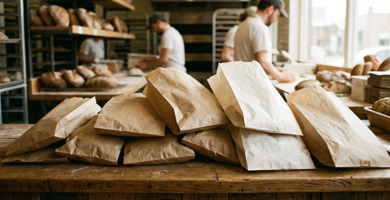 Différents sacs papier kraft (emballage boulangerie) de tailles variées sur comptoir bois