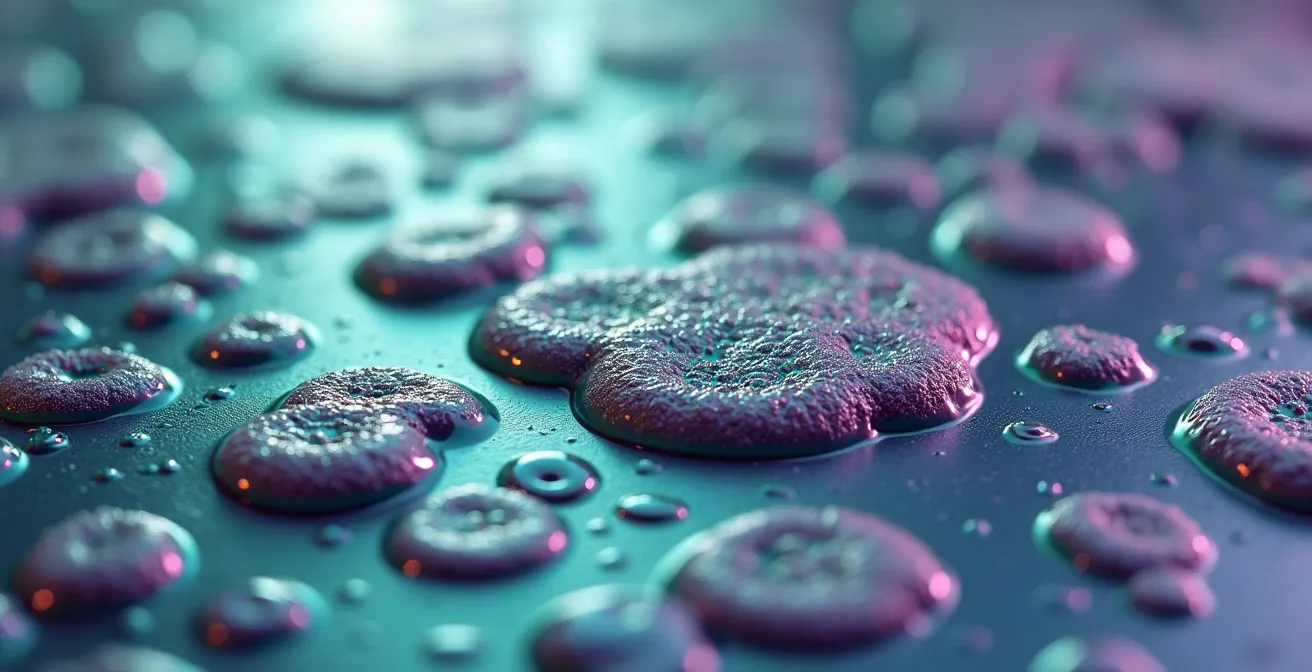 Vue microscopique d'un biofilm bactérien sur une surface en acier inoxydable