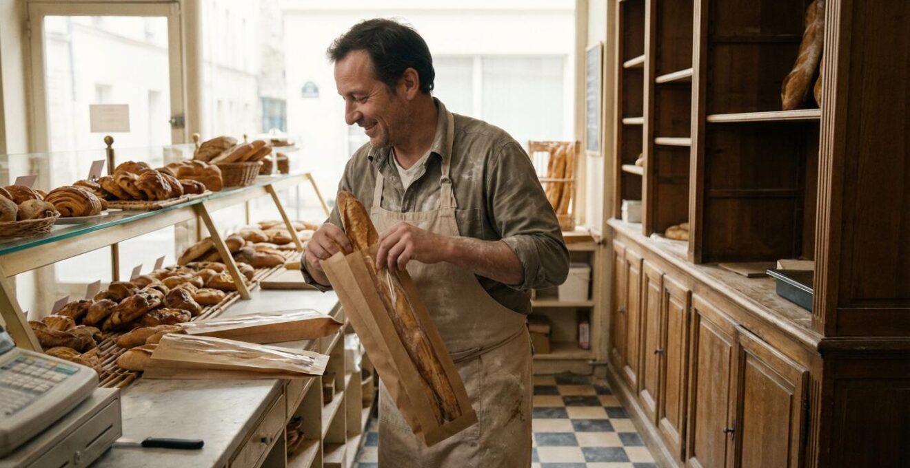 Boulanger artisan rangeant des baguettes dans des sacs papier kraft à fenêtre