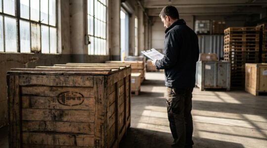Marquage NIMP 15 sur une caisse en bois avec un inspecteur douanier effectuant un contrôle de conformité dans un entrepôt portuaire