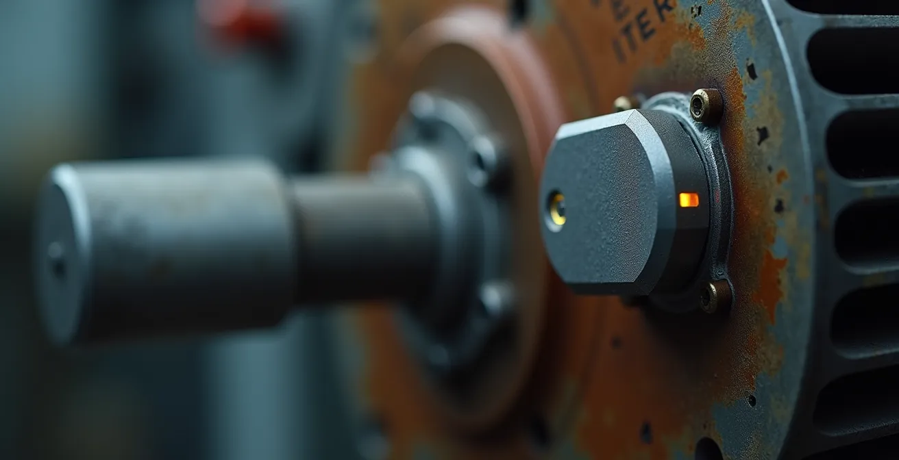 Vue macro d'un capteur de température sans fil fixé sur un moteur industriel