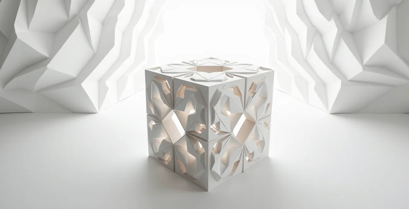 Structure alvéolaire complexe en papier découpé au laser formant un coffret géométrique sophistiqué