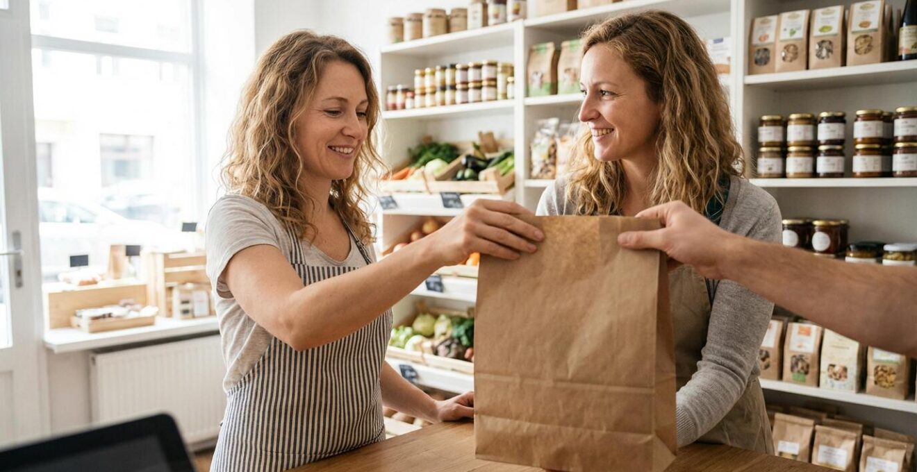Commerçante tendant un sac papier kraft (emballage écologique) à un client en épicerie fine