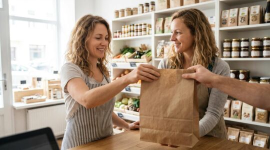 Commerçante tendant un sac papier kraft (emballage écologique) à un client en épicerie fine