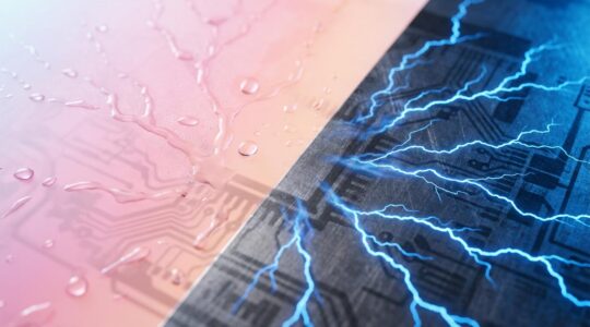 Comparaison visuelle entre un film dissipateur rose et un film conducteur noir pour l'emballage de composants électroniques