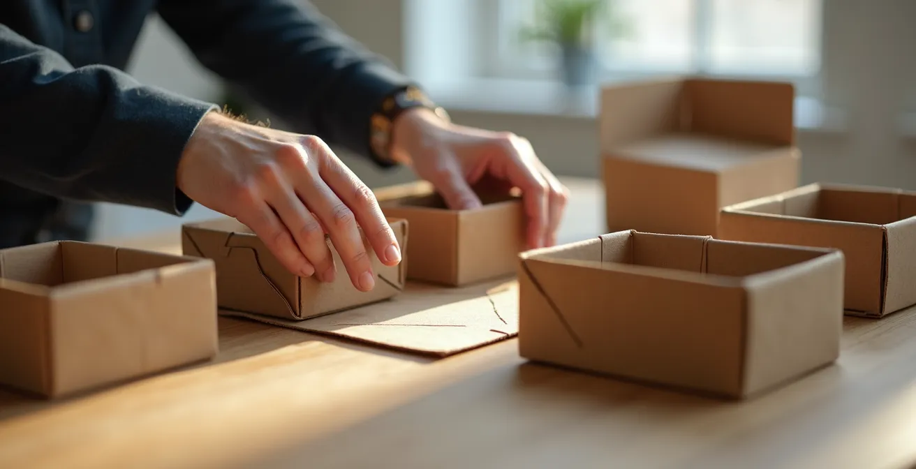 Mains manipulant différents prototypes d'emballages en carton avec textures variées, éclairage naturel mettant en valeur les détails de matière