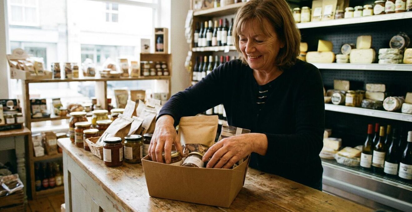 Commerçante arrangeant des produits gourmands dans une corbeille carton kraft en épicerie fine