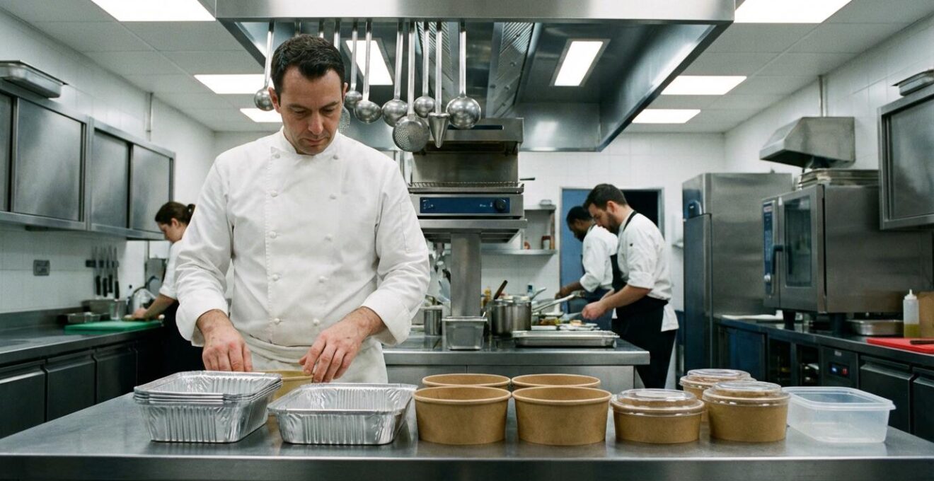 Cuisinier professionnel examinant différentes barquettes alimentaires pour contenants restauration