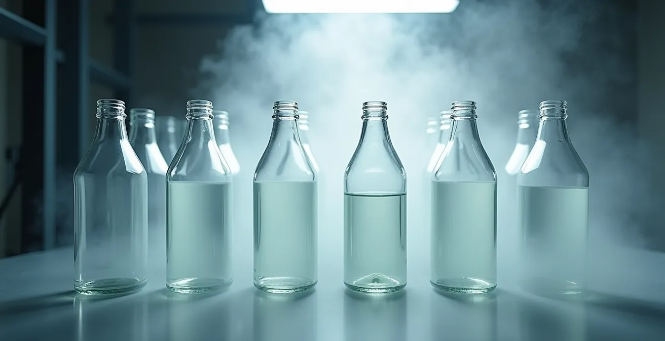 Démonstration de la technique de pulvérisation créant un dégradé parfait sur un flacon en verre, vue latérale montrant le brouillard de laque