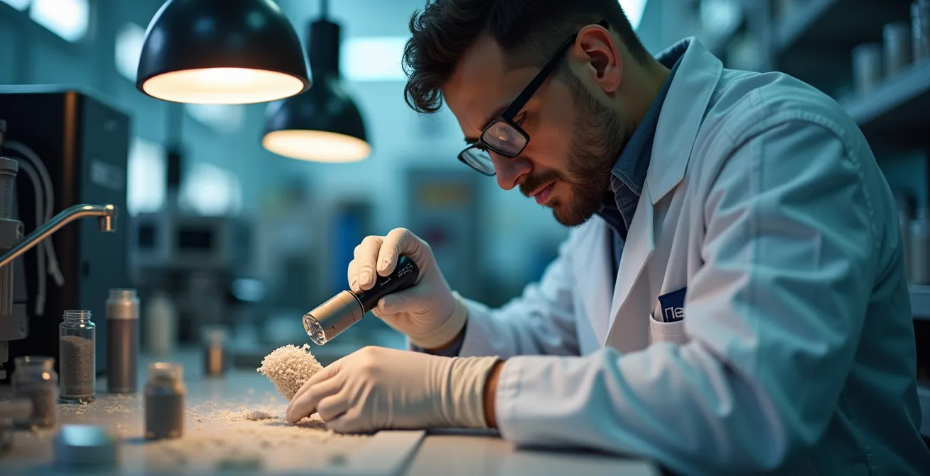 Granulés de polymère montrant différents stades de dégradation thermique par contraste de couleur