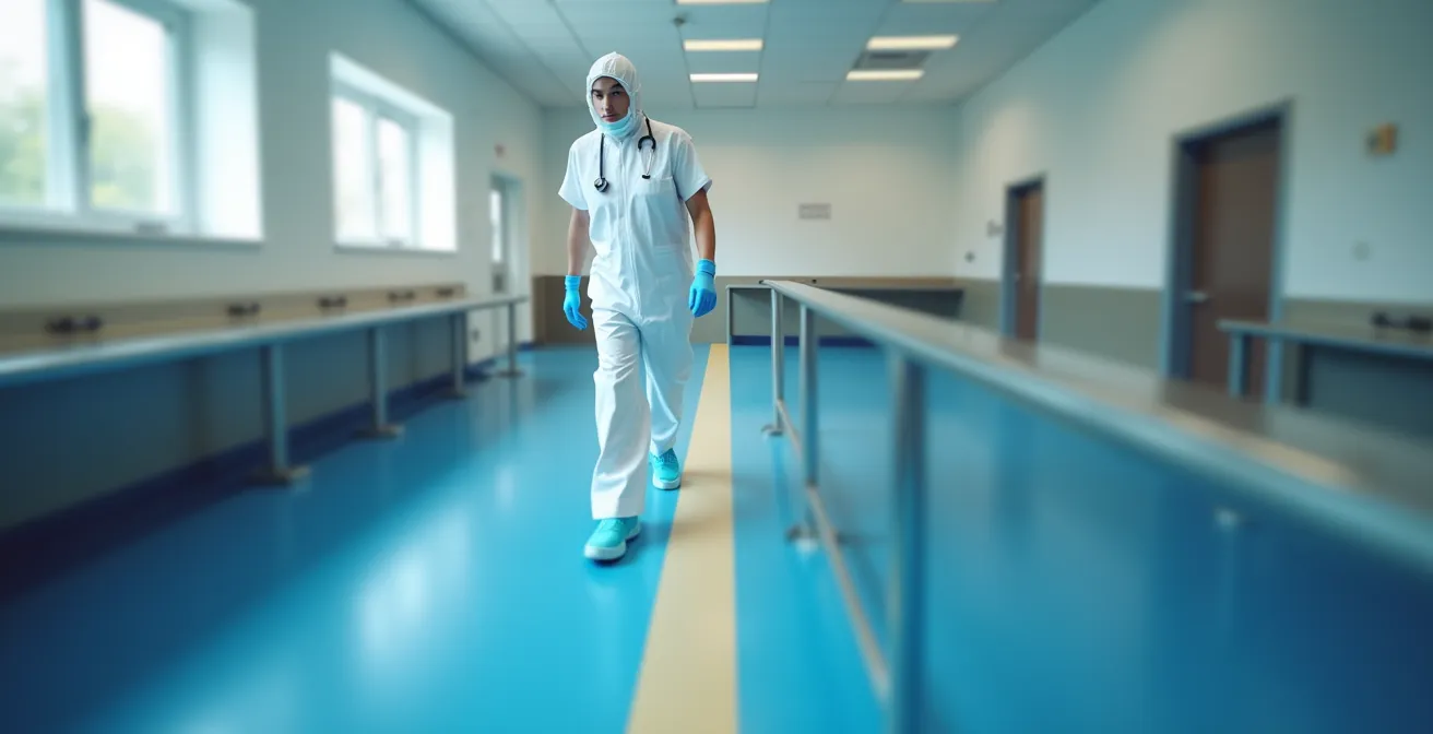 Sas d'habillage avec codes couleurs au sol et éclairage directionnel guidant le flux du personnel