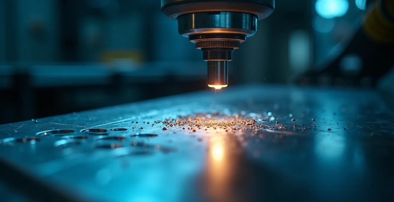 Configuration d'éclairage rasant multi-angles illuminant une surface métallique avec mise en évidence des défauts