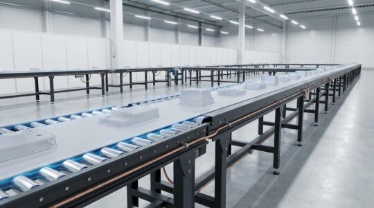 Vue large d'une ligne de convoyage industrielle moderne avec système anti-ESD dans un environnement de production propre et organisé