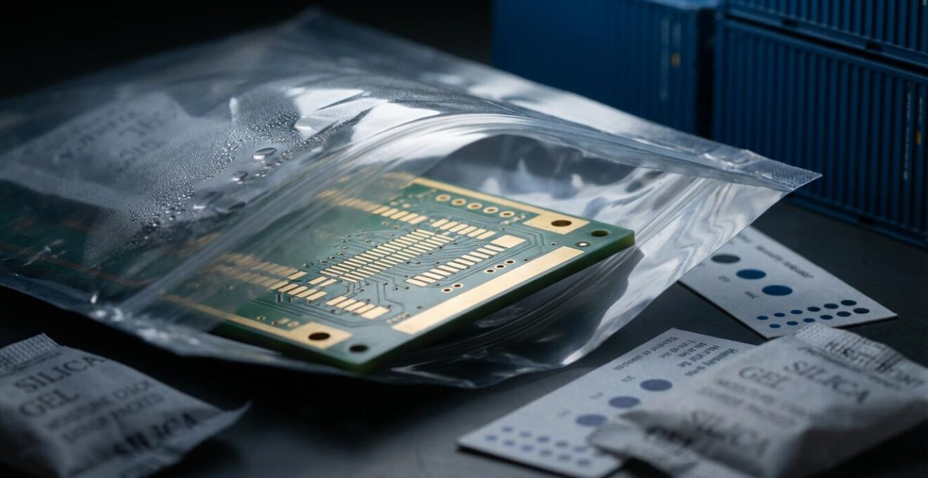 Vue macro de circuits imprimés protégés dans des sacs anti-humidité avec des indicateurs colorés et dessiccants pour le transport maritime