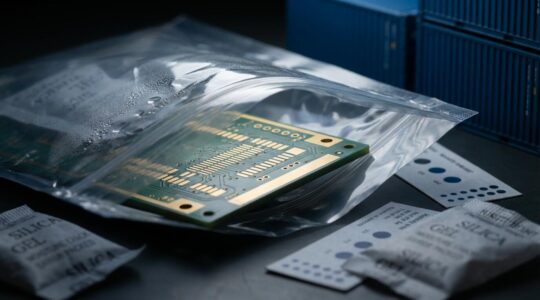 Vue macro de circuits imprimés protégés dans des sacs anti-humidité avec des indicateurs colorés et dessiccants pour le transport maritime