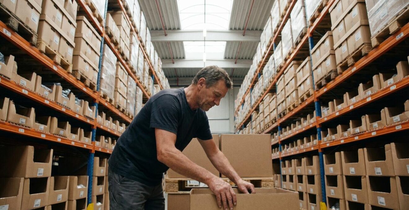 Préparation de commande de corbeilles carton dans un entrepôt logistique professionnel