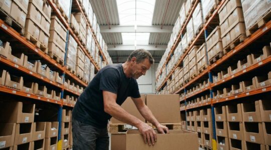 Préparation de commande de corbeilles carton dans un entrepôt logistique professionnel
