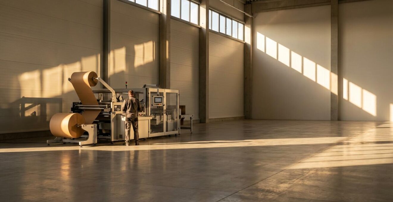 Vue grand angle d'un entrepôt épuré avec machine de découpe automatique créant des boîtes sur mesure