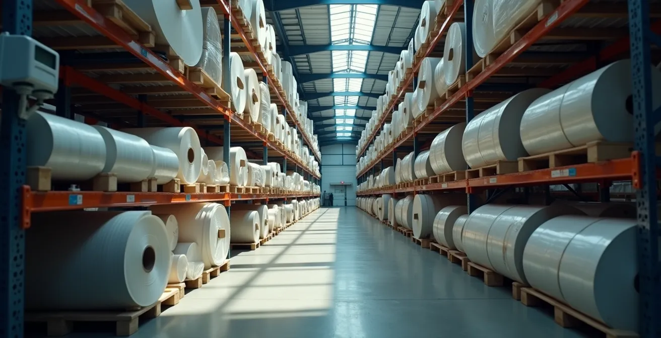 Entrepôt moderne avec bobines de film stockées sur rayonnages, hygromètre visible