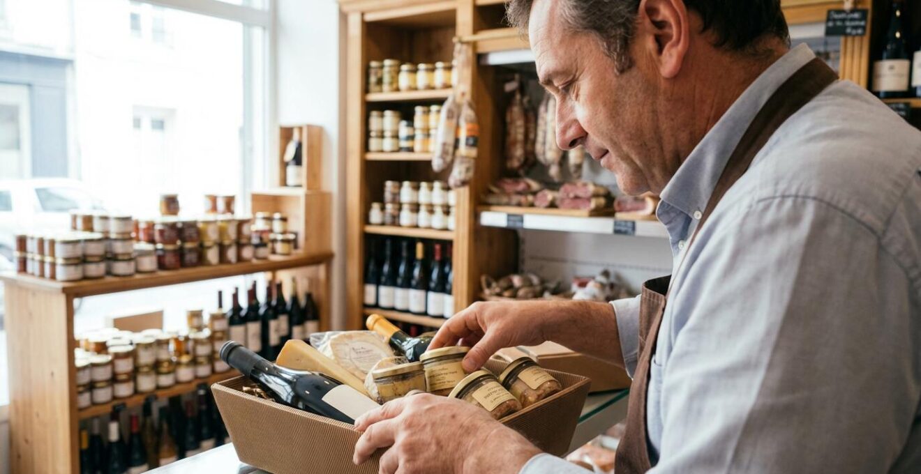 Professionnel alimentaire arrangeant des produits dans une corbeille carton