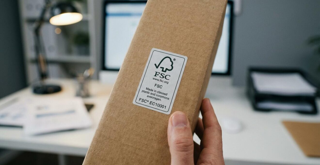 Étiquette certification FSC sur emballage carton kraft vérifiant l'éco-responsabilité