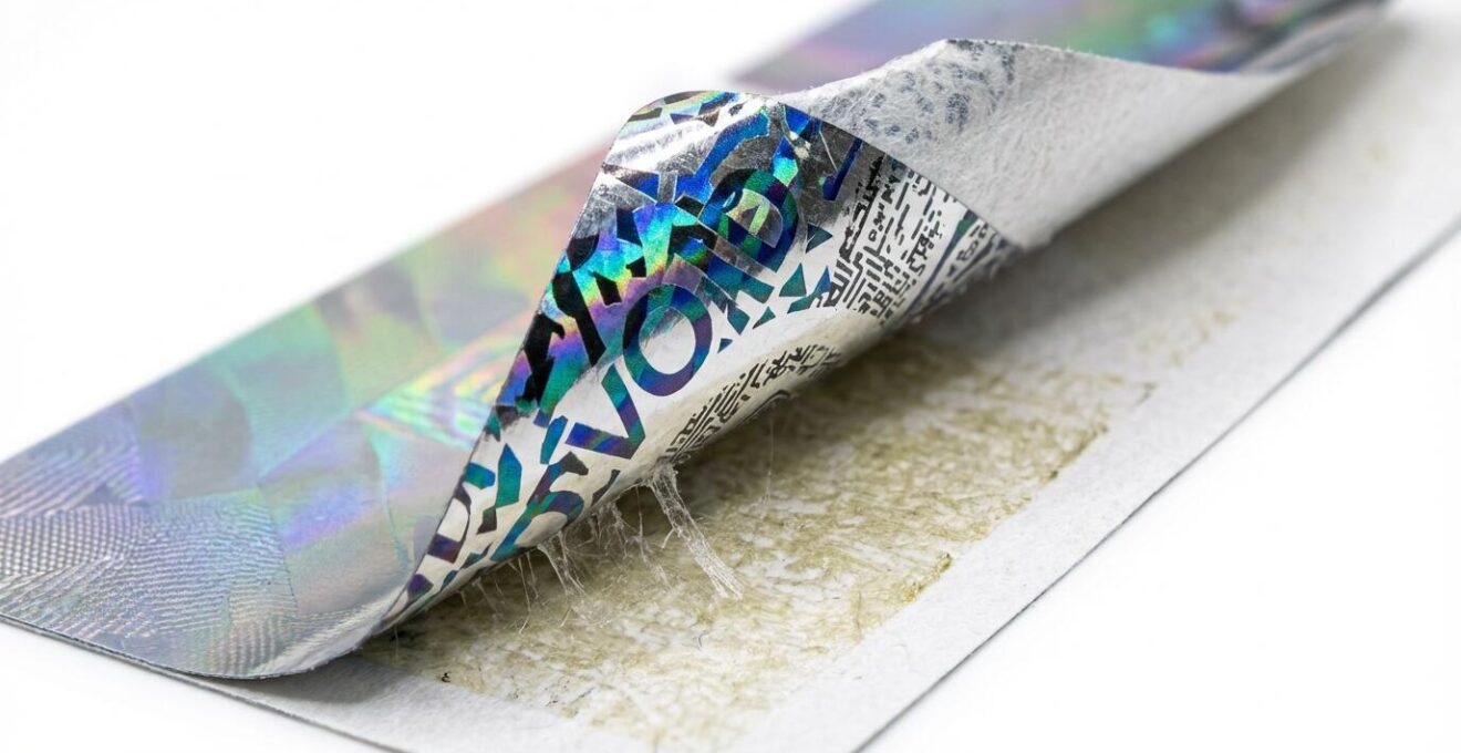 Gros plan sur étiquette d'inviolabilité multicouche montrant les différentes strates de sécurité