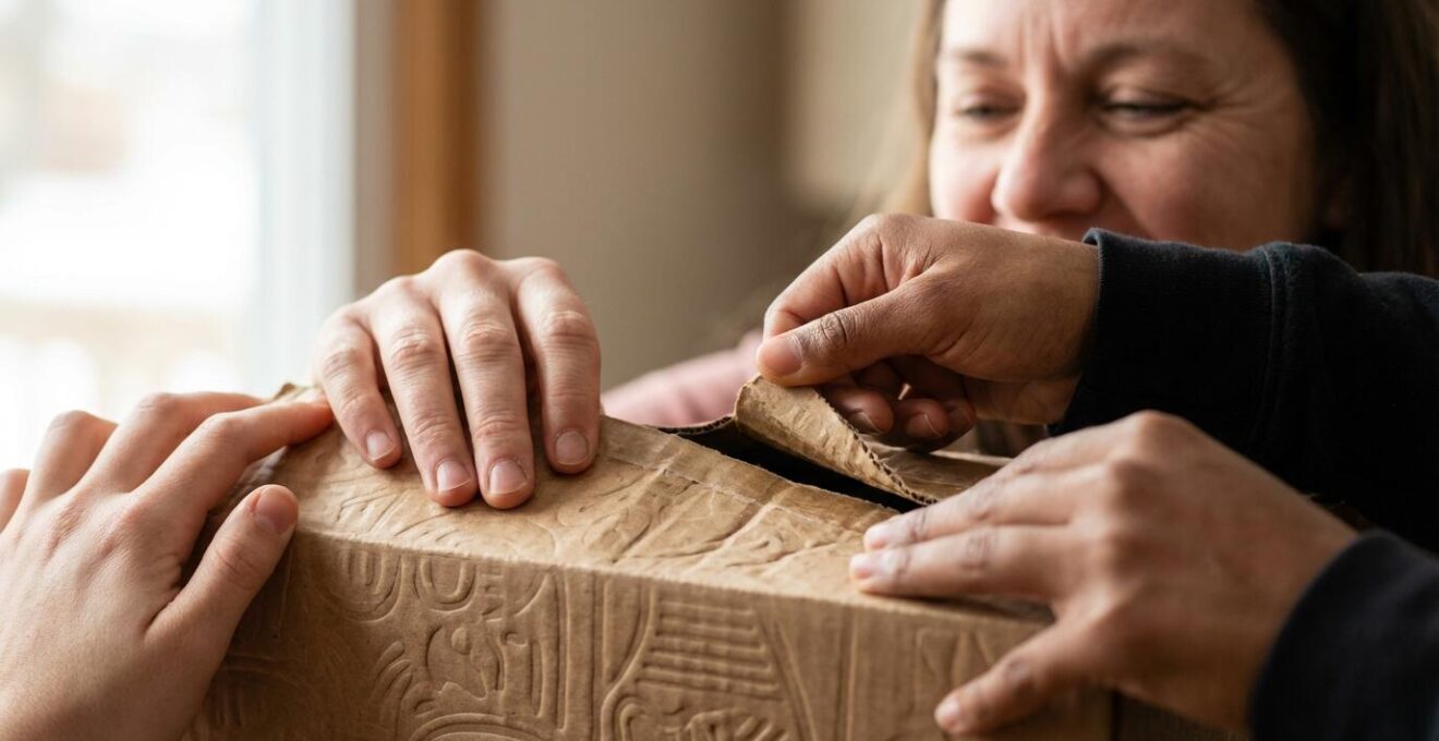Mains ouvrant délicatement un colis avec expression de surprise et satisfaction