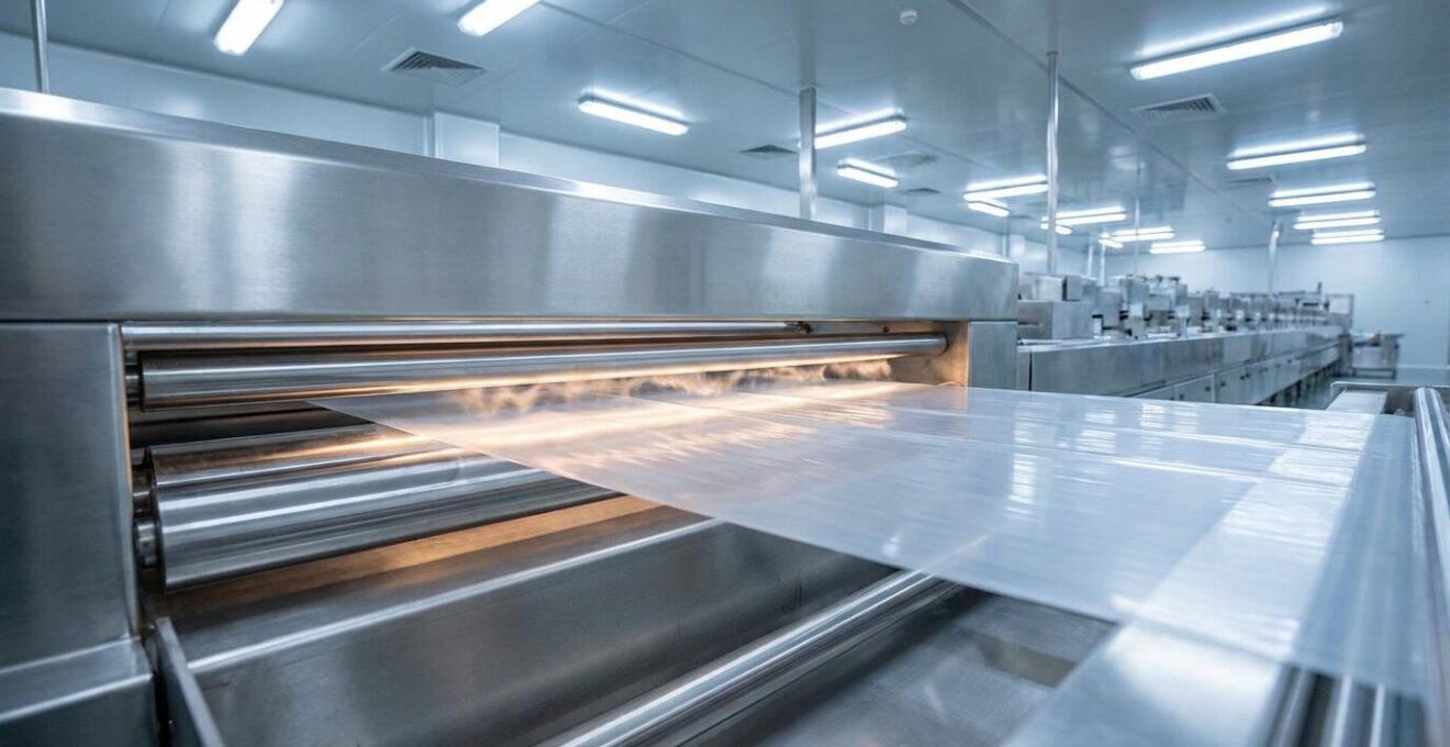 Barres de scellage industrielles en action sur un film transparent avec effet de chaleur visible