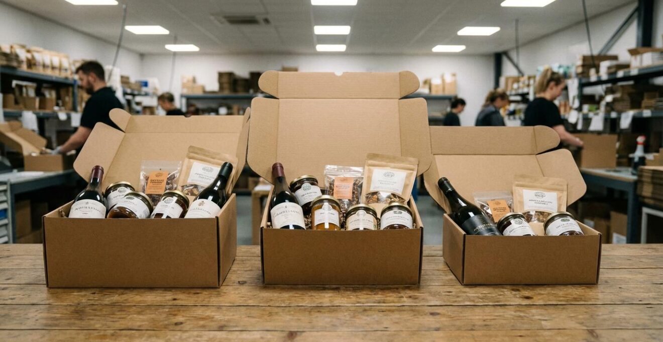 Différents formats de corbeilles carton kraft alignés montrant la variété des dimensions disponibles