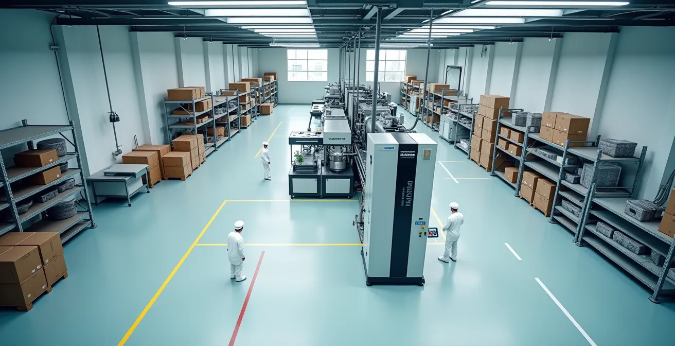 Vue aérienne d'un atelier de production compact avec machine FFS verticale optimisant l'espace