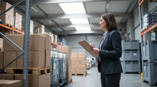 Inspecteur analysant des documents de conformité dans un entrepôt moderne avec des palettes d'emballages en arrière-plan