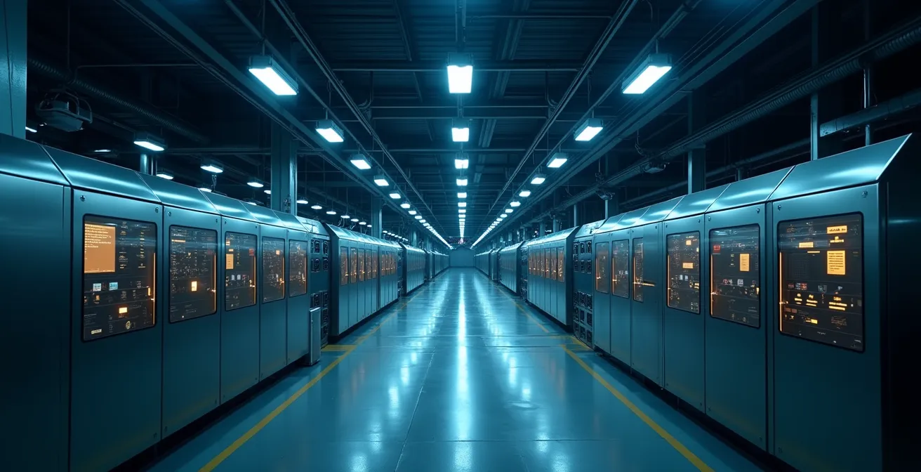 Vue panoramique d'une ligne de production en mode veille intelligent avec zones éclairées sélectivement