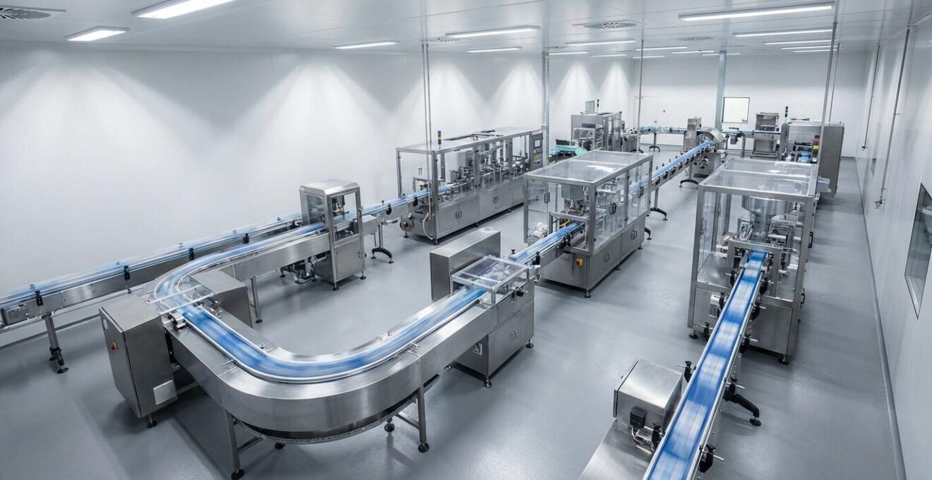 Vue d'ensemble d'une ligne de production pharmaceutique automatisée avec stations d'étiquetage