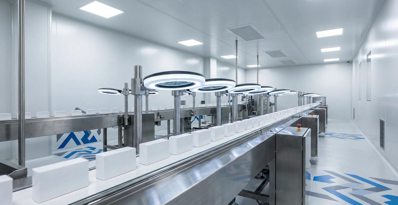 Ligne de production pharmaceutique moderne avec système de vérification des codes Datamatrix