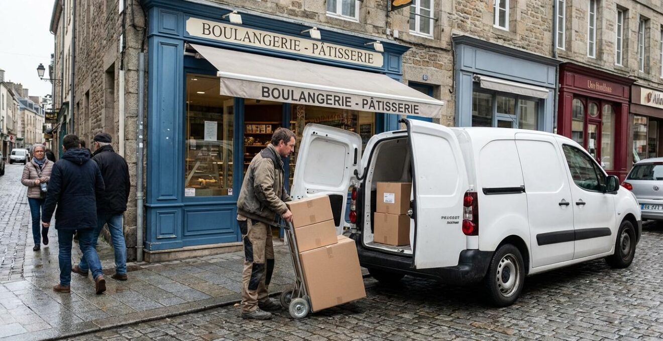 Livraison de cartons d'emballage devant un commerce alimentaire français