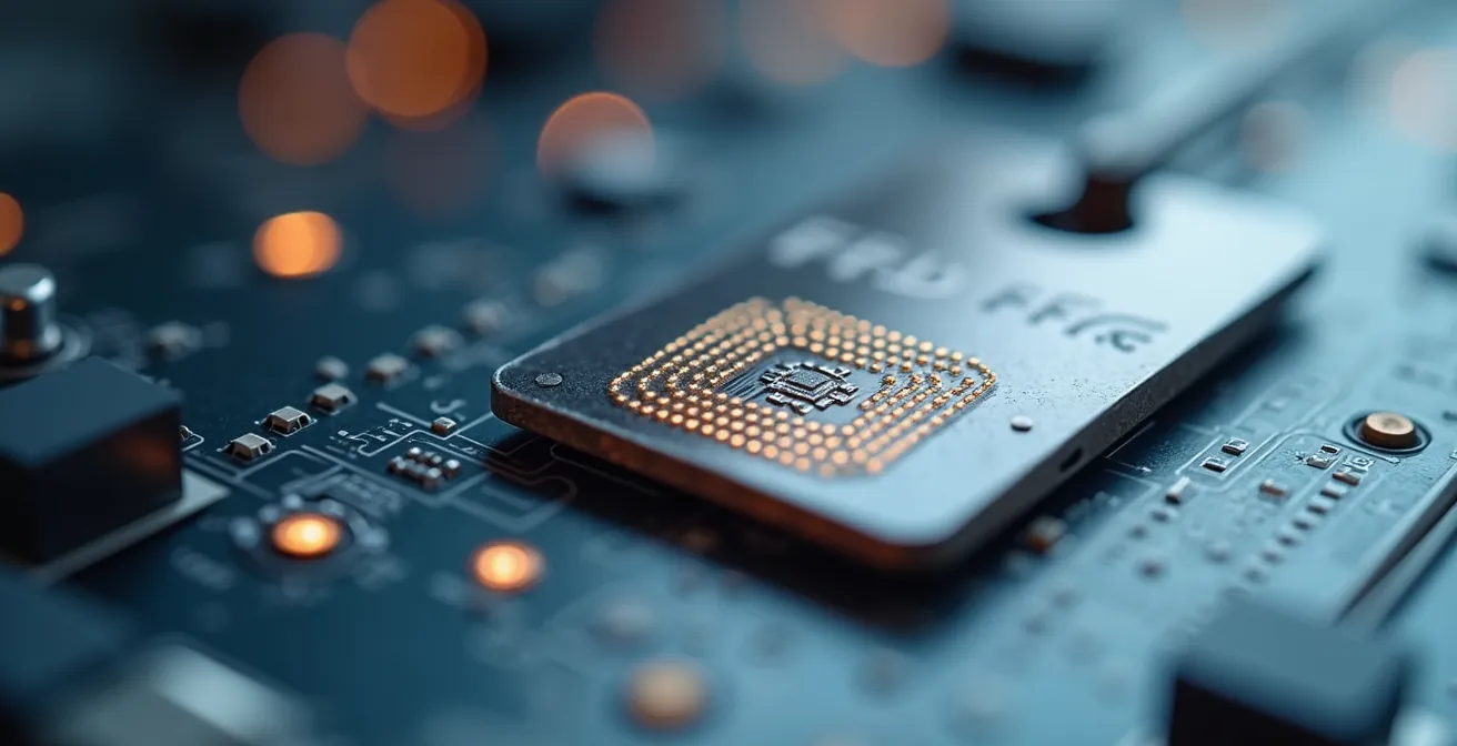 Vue macro d'un tag RFID anti-métal sur surface métallique texturée