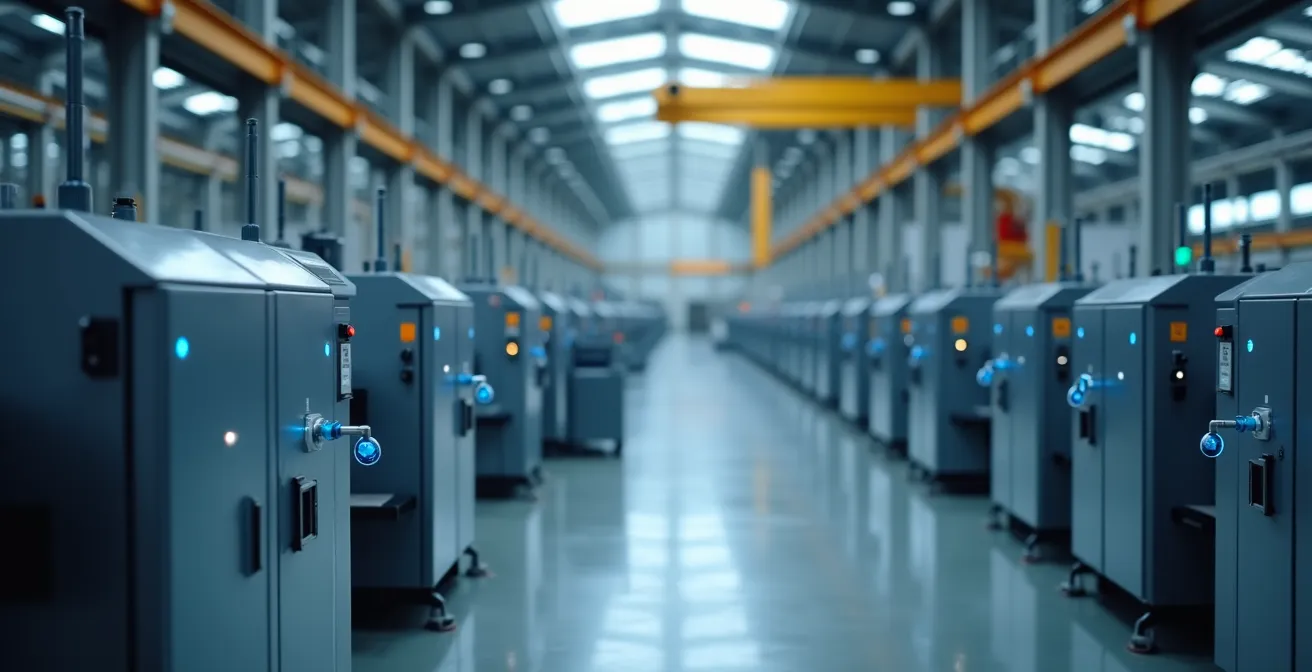 Vue d'ensemble d'une usine moderne avec capteurs IoT et système de maintenance prédictive en action