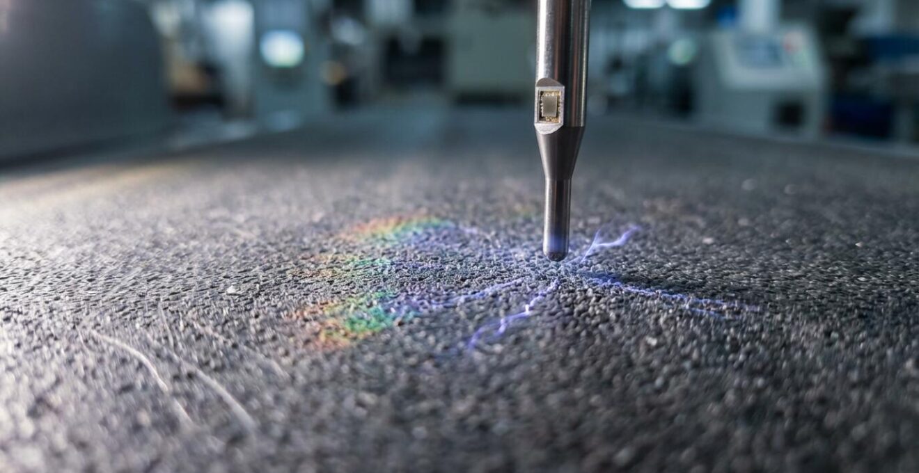 Gros plan macro sur la mesure d'un champ électrostatique sur une bande de convoyage en plastique avec détails de texture