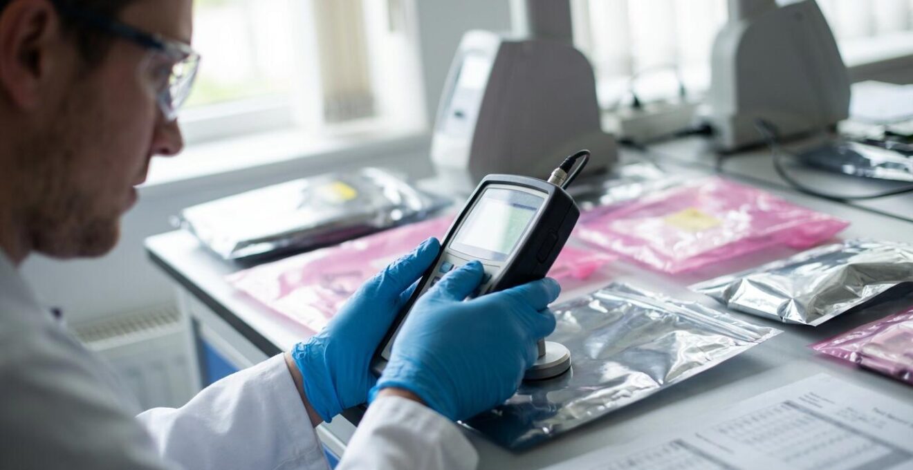 Technicien mesurant la résistance de surface d'un sachet ESD avec un mégohmmètre à sonde annulaire dans un laboratoire