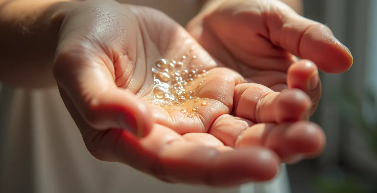 Vue macro d'une surface de main sous lumière UV révélant les zones de contamination invisible