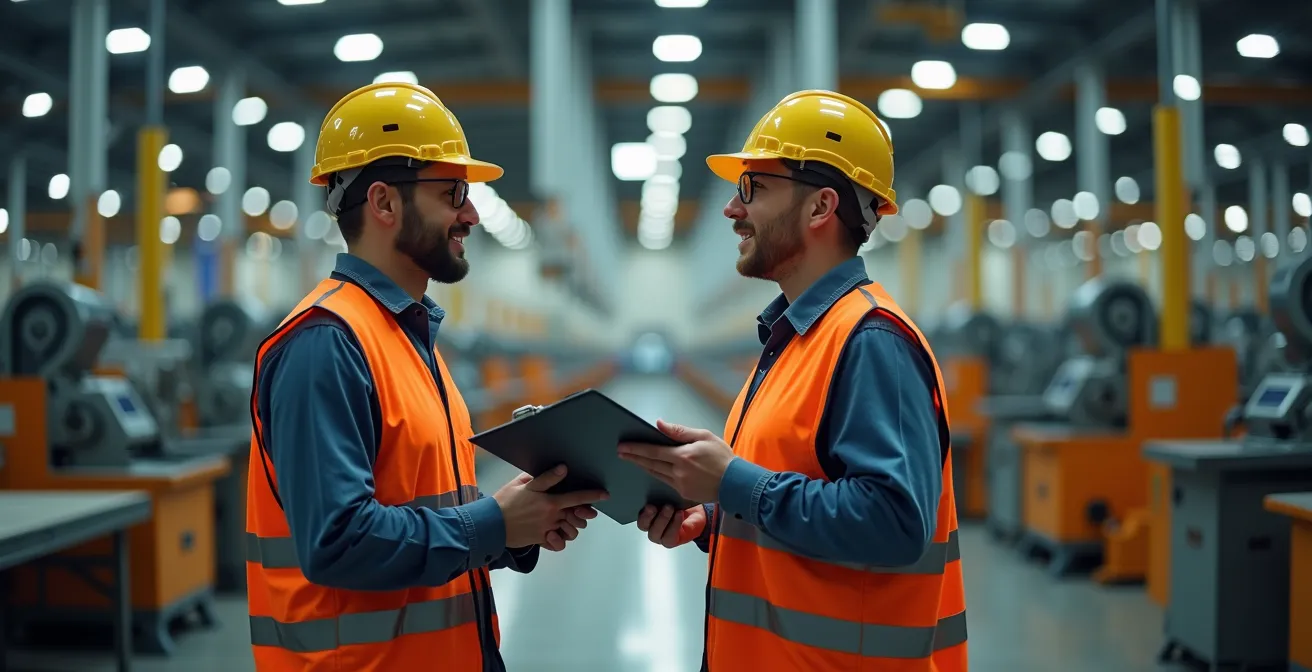 Passage de relais entre équipes lors d'un changement de shift en environnement industriel