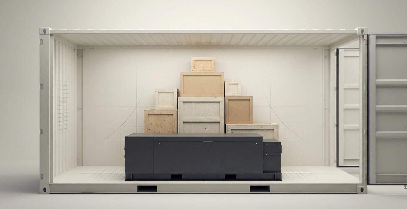 Vue en coupe d'un conteneur montrant la répartition optimale des charges avec centre de gravité bas