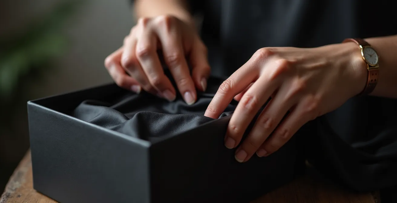 Mains délicates ouvrant progressivement un coffret avec mécanisme à friction, révélant des couches de papier de soie