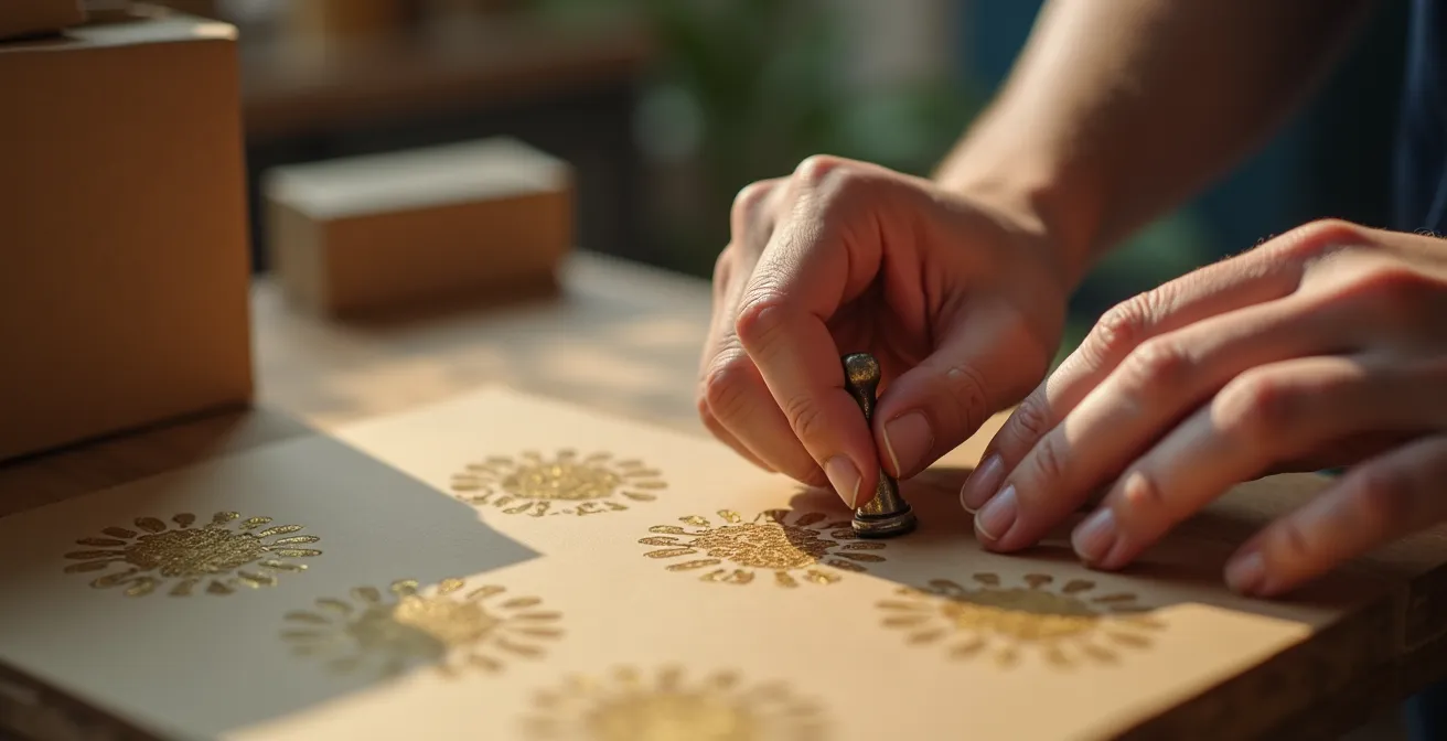 Mains d'artisan appliquant un tampon personnalisé sur un emballage kraft avec détails dorés