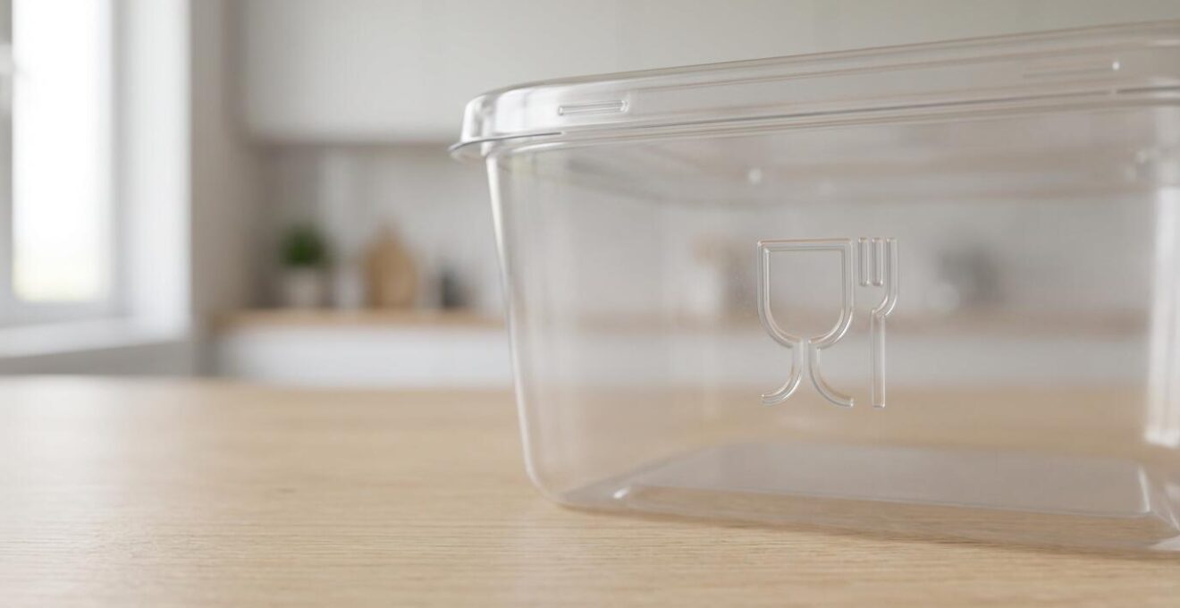 Barquette plastique alimentaire avec pictogramme verre fourchette contact alimentaire visible